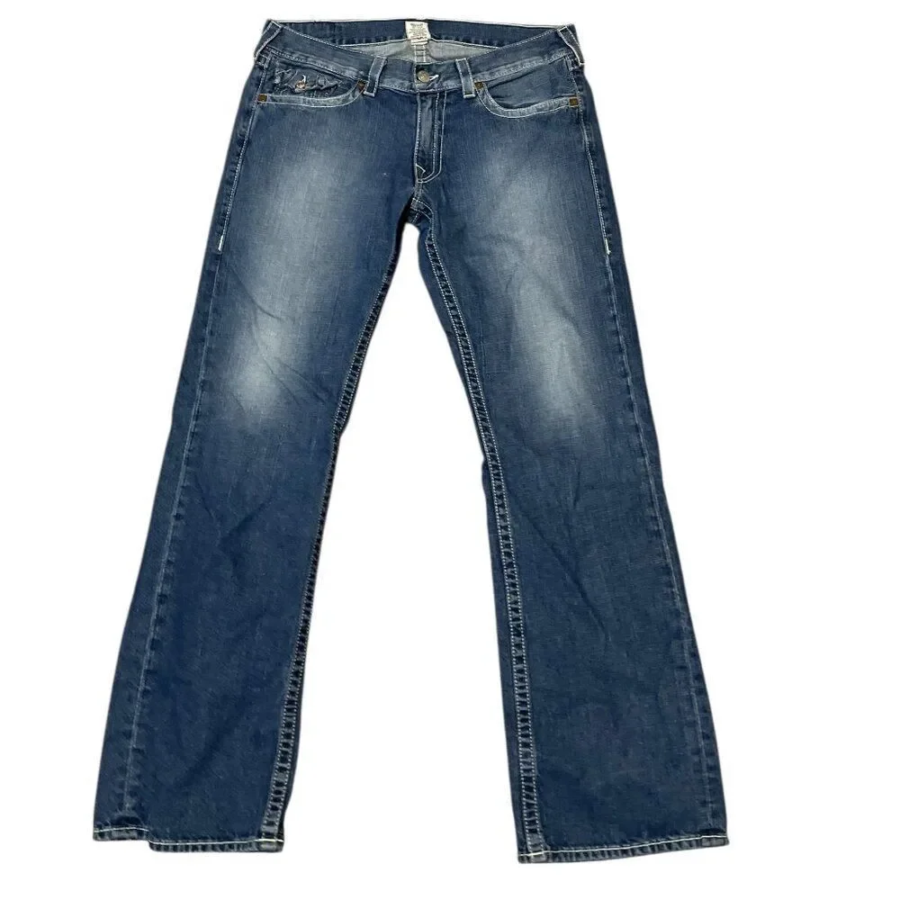True Religion World Tour Straight Leg Denim Blue Jeans Men's Sz 36